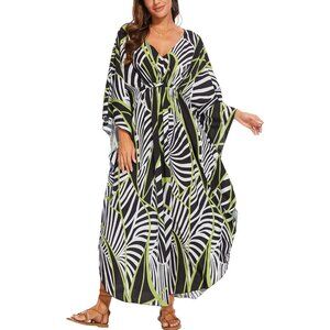 Women 4 Multi Color 100% Polyester V Neck Summer Beach Dresses Cover Caftan Maxi